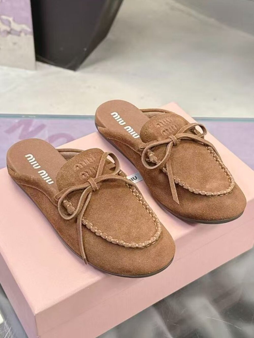 Miu Miu Brown Suede Bow Slip-On Loafer Mules Flat Slides